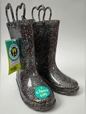 NEW Western Chief Kids Abby Black Glitter Rain Boots Light-Up Waterproof Size 11
